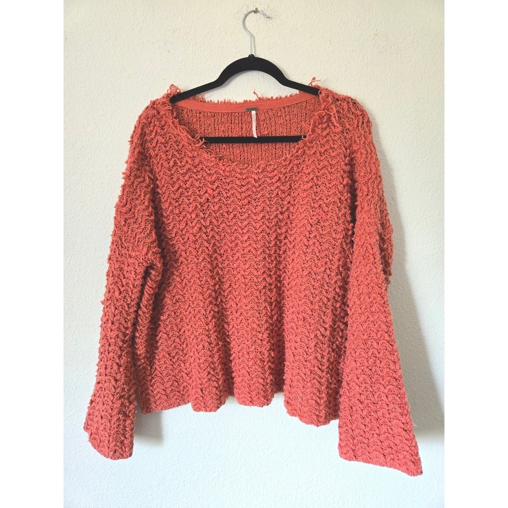 Free People Frayed Scoop Neck Sweater Womens M Slouchy Oversized Flare Sleeve - Picture 2 of 11